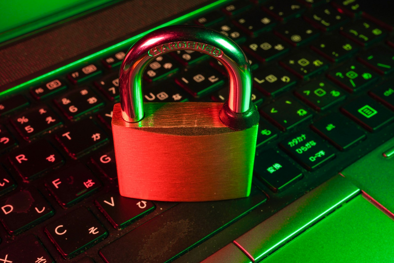 A padlock resting on a laptop keyboard
